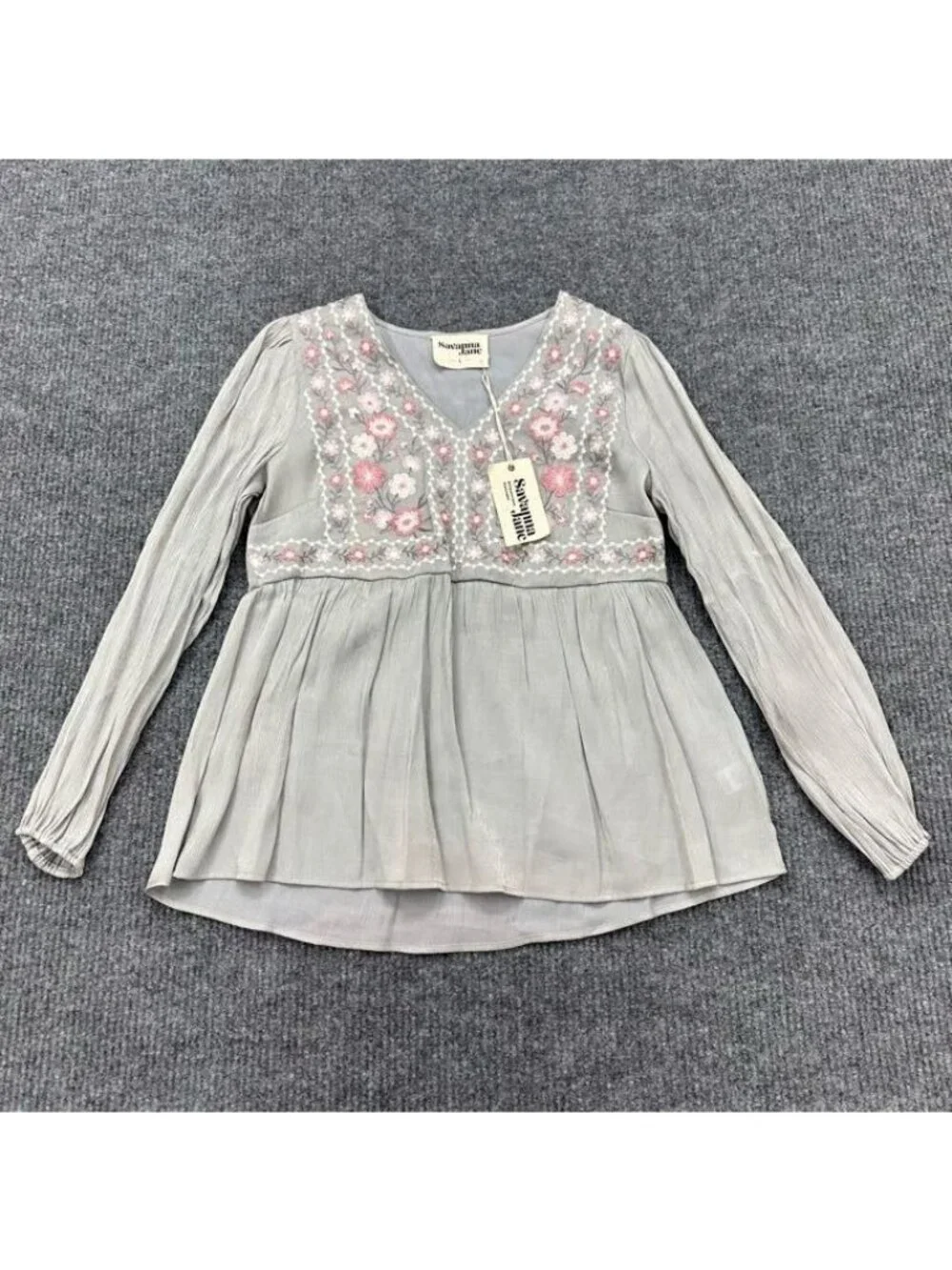 Savanna Jane Embroidered V Neck Long Sleeve Flowy Shirt Boho Womens Large NEW